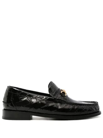 Versace Glossy Black Crocodile-Pattern Flat Shoes