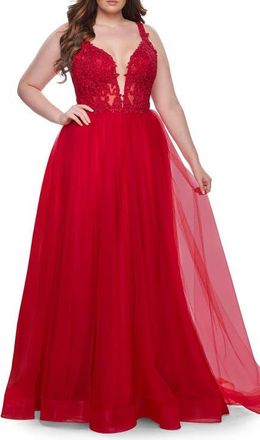 La Femme Deep V Plus Size Tulle Dress with Lace Illusion Bodice in Red at Nordstrom, Size 18W