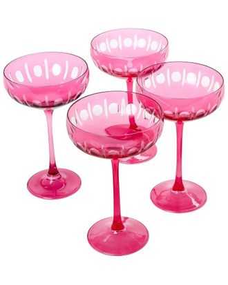 Two's Company Set of 4 Sparkling Cut Hand-Engraved Coupe Wine Glasses
