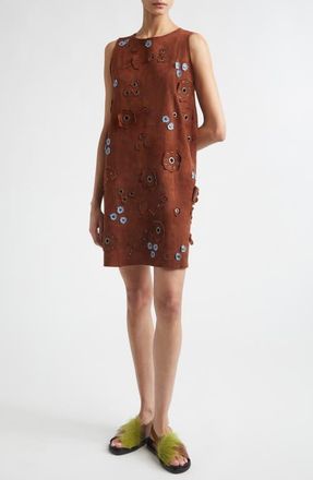 Marni Floral Appliqu&eacute; Suede Shift Dress in Tobacco at Nordstrom, Size 4 Us