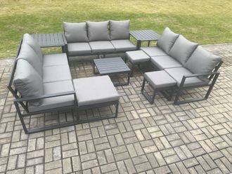 Fimous Aluminium Outdoor Garden Furniture Set Patio Lounge Sofa with Square Coffee Table 2 Side Tables 3 Footstools Conservatory Set in Dark Grey