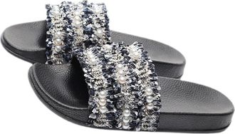 Frcolor Womens Black Braided Pearl Flat Sandals Summer Woven Slippers Size 37 Comfortable Beachwear