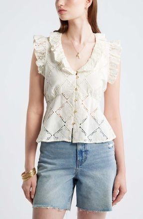 Treasure & Bond Open Cutwork Ruffle Trim Button-Up Top in Ivory Egret at Nordstrom, Size Xx-Small