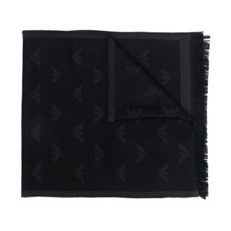 Emporio Armani Accessoires, Heren, Grijs, ONE Size, Wol, Jacquard Sjaal met Adelaar en Franjes