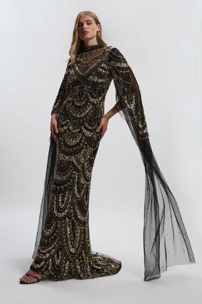 Karen Millen Beaded Midaxi Cape Dress in Black at Nordstrom, Size 10