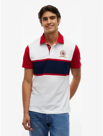 Tommy Hilfiger Mens Regular Fit Crest Logo Colorblock Polo - Ecru - XXXL