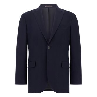 Boggi Milano Jassen, Heren, Blauw, M, Wol, Visgraat Stretch Wollen Jas