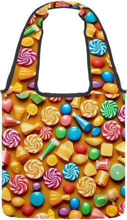 Generic Yellow Candy Pattern Reversible Canvas Shoulder Tote - Double-Sided Print, 12oz Cotton, 27cm Drop, Fold-Flat Bag for Travel, Shopping, Street Outings