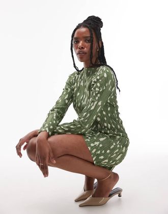 Topshop animal print long sleeve plisse mini dress in green