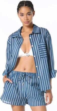 Michael Kors Marina Stripe Cover Up Shirt in River Blue at Nordstrom, Size X-Small