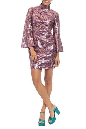 Donna Morgan Swirl Sequin Bell Sleeve Party Dress In Purple Swirl