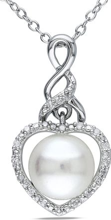 Mimi & Max 8-8.5mm White Cultured Freshwater Pearl and Diamond Heart Necklace