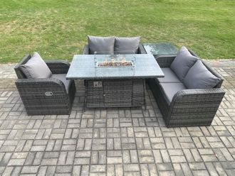 Fimous Rattan Garden Furniture Set with Gas Fire Pit Dining Table, Side Table Indoor Outdoor 5 piece Love Sofa set in Dark Grey