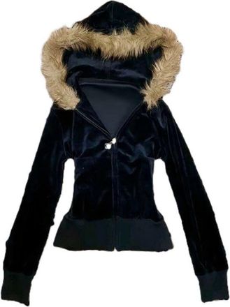 Generic Vintage Fur Hood Jacket Fitted Zip Up Hoodie Y2k Fur Hood For Women Retro Cute Winter Streetwear Jacket (Black,M)