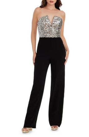 Dress The Population Fernanda Sequin Bodice Strapless Jumpsuit in Silver-Black at Nordstrom, Size Xx-Large