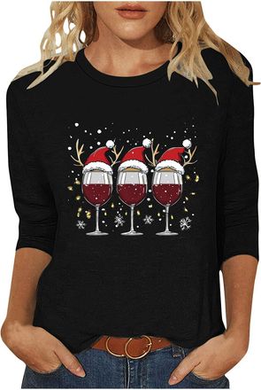 Generic 2025 Christmas Shirts for Women UK Funny Red Wine Glass Graphic Xmas Jumpers Cute Snowflake Print Ladies Tshirts Cotton 3/4 Length Sleeve Womens Tunic