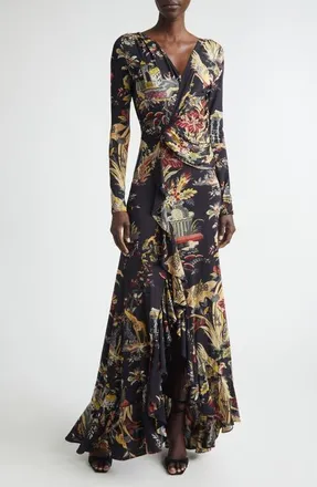 Etro Placed Print Long Sleeve Jersey Maxi Wrap Dress in Black at Nordstrom, Size 44