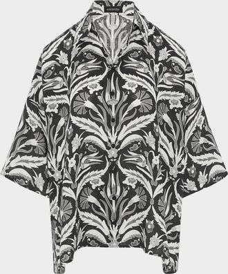 Eskandar Sloped-Shoulder Wide A-Line Short-Sleeve Shirt With Collar (Mid Plus Length)