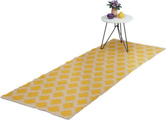 Relaxdays Relaxdays - Cotton Runner Rug, 80 x 200 cm, Non-slip, Hand-Woven, Diamond Pattern, Decorative Carpet for Any Room, Yellow