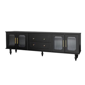 STILVORA Mueble Tv Con 4 Puertas De Vidrio Acanalado Y 2 Cajones Push-to-open, Patas De Metal, En Tablero De Part&iacute;culas, 175&times;38&times;55,5 Cm, Negro