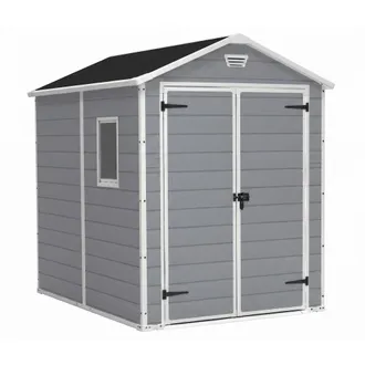 Keter Manor 6x8 - Caseta De Jard&iacute;n 185,80x227x236,80 Cm 2 Puertas Para Almacenamiento De Herramientas Acabado Efecto Madera Rayada En Resina Gris