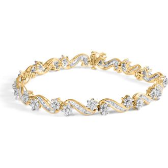 House of Brilliance 10k Yellow Gold 3.00 Cttw Round-Cut and Baguette-Cut Floral Link 7.25 Bracelet at Nordstrom