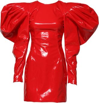 Dolce & Gabbana Womens Red Patent Leather Puff Sleeves Mini Dress Polyurethane Polyester