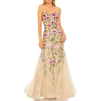Mac Duggal Strapless Sheer Bustier Embroidered Mermaid Gown in Pink Multi at Nordstrom, Size 12