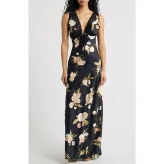 Lulus Judith Floral Jacquard Satin Slipdress in Black Floral at Nordstrom, Size X-Small
