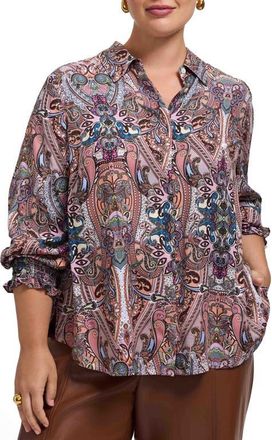 Foxcroft Olivia Paisley Smocked Cuff Button-Up Shirt in Beige at Nordstrom, Size 2X