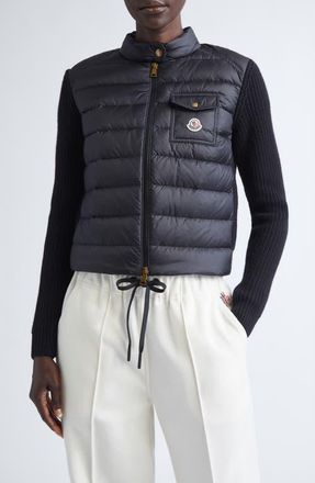 Moncler Purl Stitch Wool & Cashmere & Quilted Down Puffer Cardigan in Black at Nordstrom, Size Large
