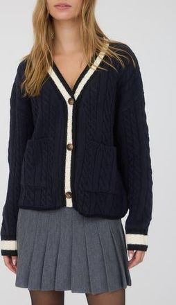 Blu Pepper Stripe Trim Cable Stitch Cardigan in Navy at Nordstrom Rack, Size Medium