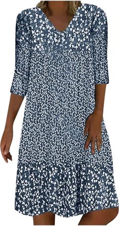 Generic 3/4 Sleeve Floral Printed Dress for Women 2026 Summer Casual V Neck Loose Floral Knee Length Boho Beach Midi Dresses Blue