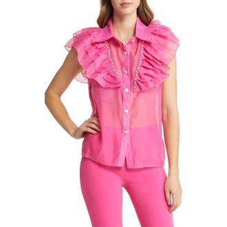 Nikki Lund Holly Rhinestone Ruffle Button-Up Blouse in Bright Pink at Nordstrom, Size Small