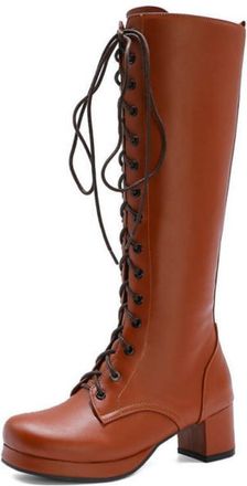 Generic Womens Lace UP Knee-High Biker Boots with Platform Chunky Heel, for Everyday Wear,Dark Brown,12 UK
