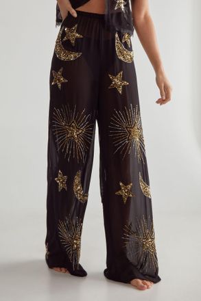 NASTY GAL Womens Embellished Moon & Star Wide Leg Beach Trouser - Black - Size Medium