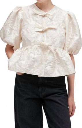 Ganni Satin Cloque Peplum Blouse In Egret