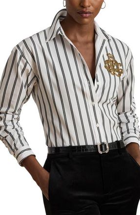 Lauren Ralph Lauren Relaxed Fit Stripe Cotton Button-Up Shirt in White/Black at Nordstrom, Size X-Small