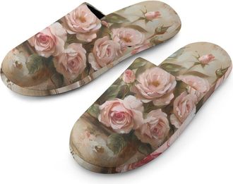 Generic Vintage Roses Flowers Warm Mens Slippers Slip On Soft Fleece House Shoes Winter Indoor Outdoor