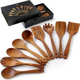 Zulay Kitchen 9-Piece Natural Teak Wooden Utensils for Cooking