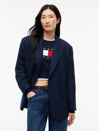 Tommy Hilfiger Womens Tommy Jeans Oversized Wool-Blend Blazer - Navy Stripe - L