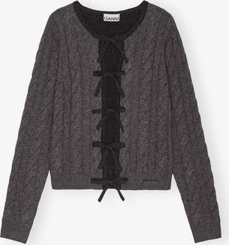 Ganni Mixed Grey and Black Cashmere Mix Tie String Cardigan - Size XL Merino Wool