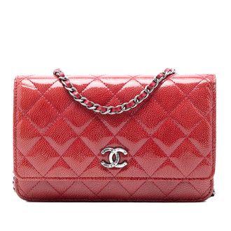 Chanel Pre-owned Womens Paris Dallas Cc Quilted Patent Goatskin Wallet On Chain - Red Leather - One Size