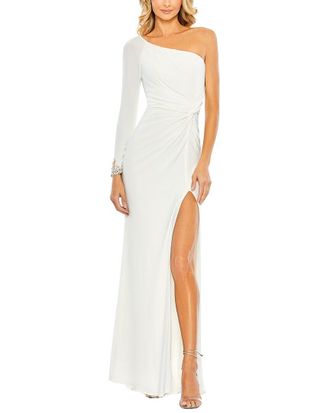 Mac Duggal One Sleeve Beaded Cuff Side Twist Gown