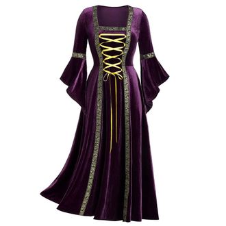 Generic Womens Gothic Renaissance Medieval Dress Retro Square Neck Flare Sleeve Lace Up Halloween Party Long Gown Maiden Costume (5 Purple, L)