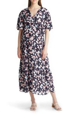 Angel Maternity Floral Faux Wrap Maternity Maxi Dress in Navy at Nordstrom, Size X-Small