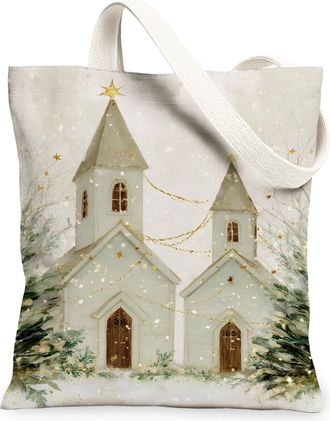 Generic Christmas Church Canvas Tote Bags, Decorative Winter Scene Reusable Grocery Bags, Lightweight Washable Shoulder Strap, White, 13x15 Inch