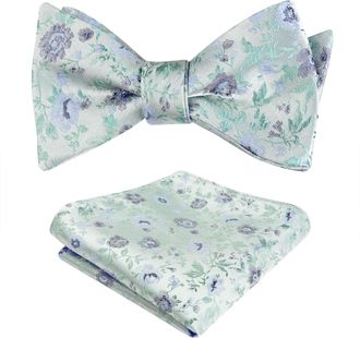 Alizeal Mens Floral Printed Self Tied Bow Tie Classic Colorful Wedding Party Bow Tie with Pocket Square Set, Sage Green+Navy+Blue