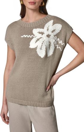 DKNY Floral Embroidered Short Sleeve Sweater in Sandstone/cream at Nordstrom, Size X-Small