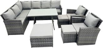Fimous 11 Seat Poly Rattan Outdoor Patio Oblong Dining Table Corner Sofa Set with 3 Stool 2 Chairs for Garden Backyard Dark Grey Mixed - Fimous